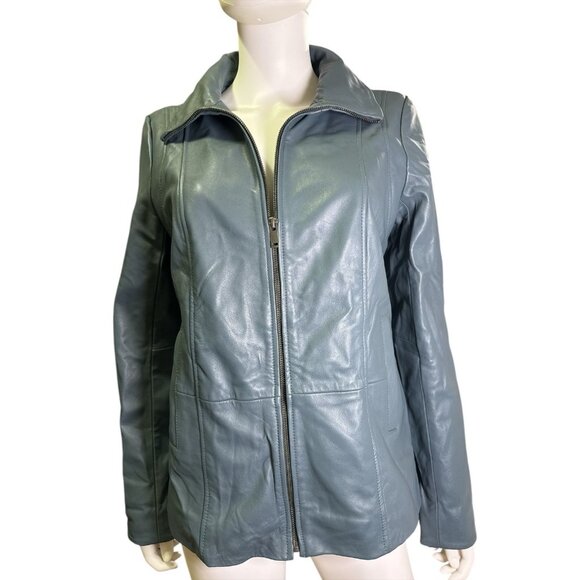 Denim & Co Lambs Leather Zip Front Jacket with Pockets Dark Slate Size M, EUC - Picture 1 of 8